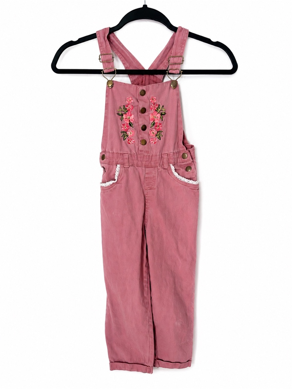 Girls Pink Floral Embroidered Denim Overalls Lace Trim Adjustable Straps Size 6